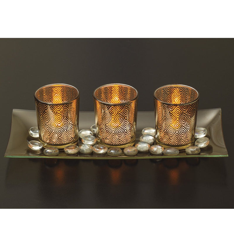 Decorative Glass Candle Holder Set with LED Tealights, Ornamental Glass Stones & Glass