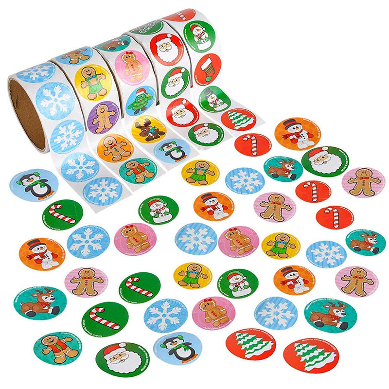 Kicko Holiday Stickers Roll for Kids - Gingerbread Man, Santa, Snowflakes, Penguin, Candy