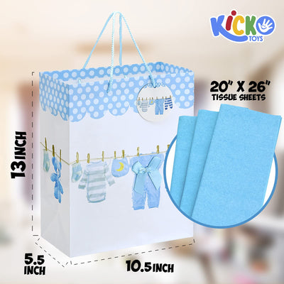 Kicko Large Blue Baby Gift Bags with Tissue Paper - 23 Pieces - 13 Inches - for Party