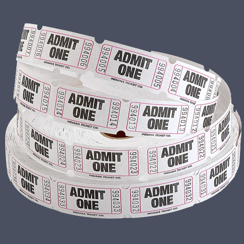 Kicko Admit 1 Single Ticket Rolls - White - 2000 per Roll - Carnival Tickets - Concert