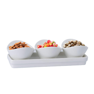 Bruntmor 4 Piece Tray Set with Three Compartment Serving Curvy Bowls, Porcelain Serving