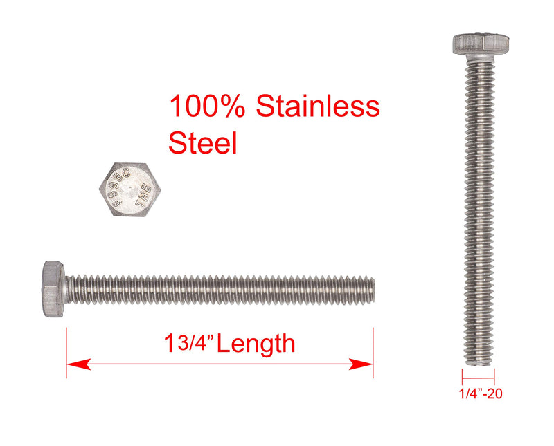 1/4"-20 X 1-3/4" (25pc) Stainless Hex Head Bolt, Fully Threaded, 18-8 Stainless