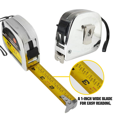 Katzco 25 Foot Stainless Steel Base Tape Measure - 2 Pack, 1" Wide Thumb Lock - Precise