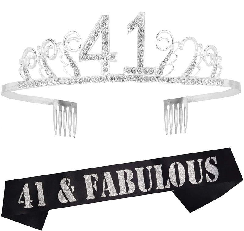 41st Birthday Gifts for Woman, 41st Birthday Tiara and Sash Silver, Happy 41st Birthday