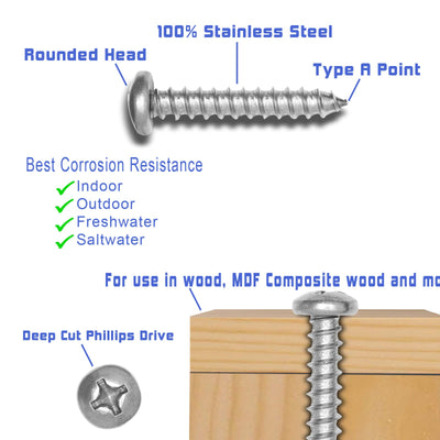 10 X 5/8" Stainless Pan Head Phillips Wood Screw, (100pc), 18-8 (304) Stainless Steel