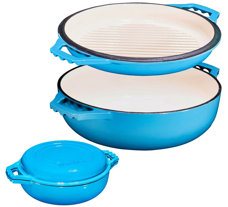 2-in-1 Enameled Cast Iron Cocotte Double Braiser Pan with Grill Lid 3.3 Quarts - Barbecue