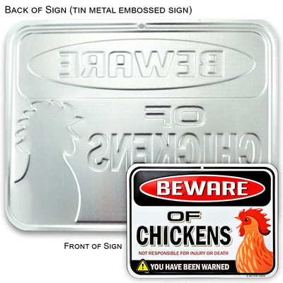 Beware of Chickens Warning Sign - Embossed Metal - 9 inches x 12 inches - Danger Sign