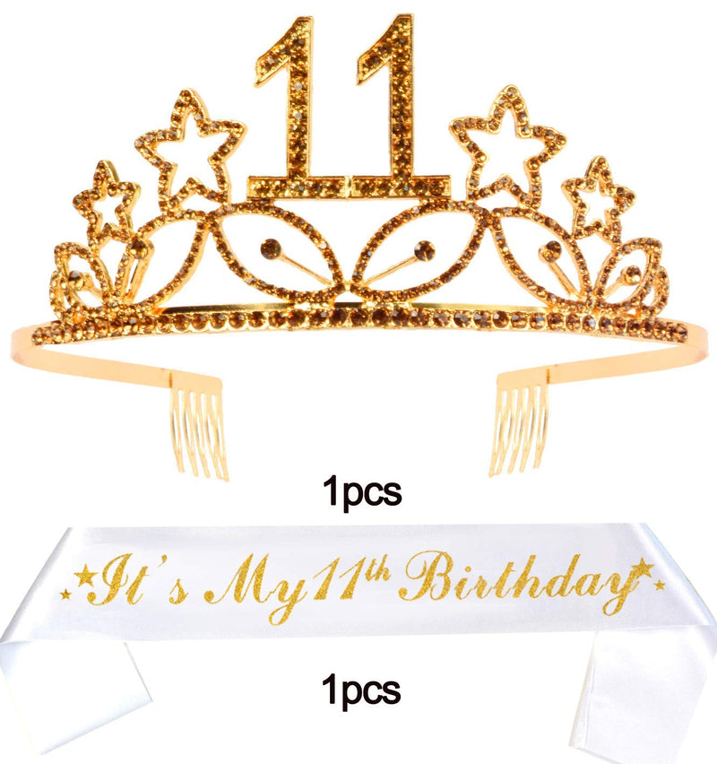 11th Birthday Gifts for Girl, 11th Birthday Tiara and Sash Gold, HAPPY 11th Birthday Party