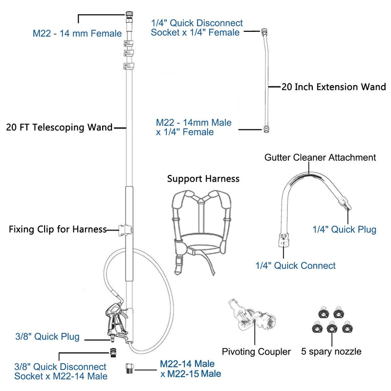 EDOU 20 feet High Pressure Power Washer Telescoping Lance Extension Wand - 1/4 Inch Quick