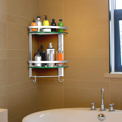 Bathroom Tempered Glass Corner Shelf, 2 Tier Shower Shelve With Towel Bar Wall Mounted