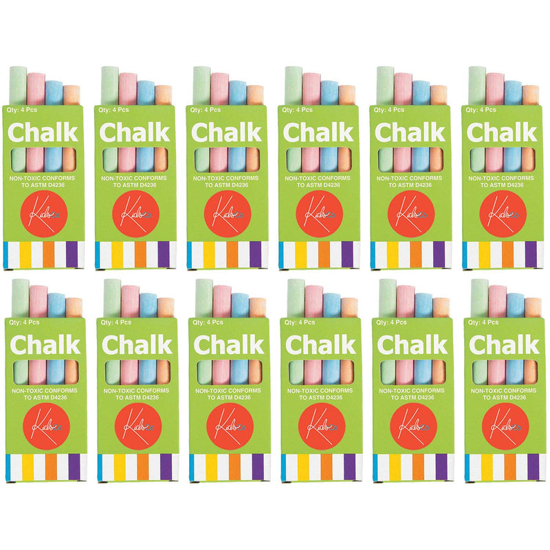 Kicko 12 Boxes of Colored Chalk, 3.5 Inches 4 Sticks per Box Assorted Colors, Non-Toxic