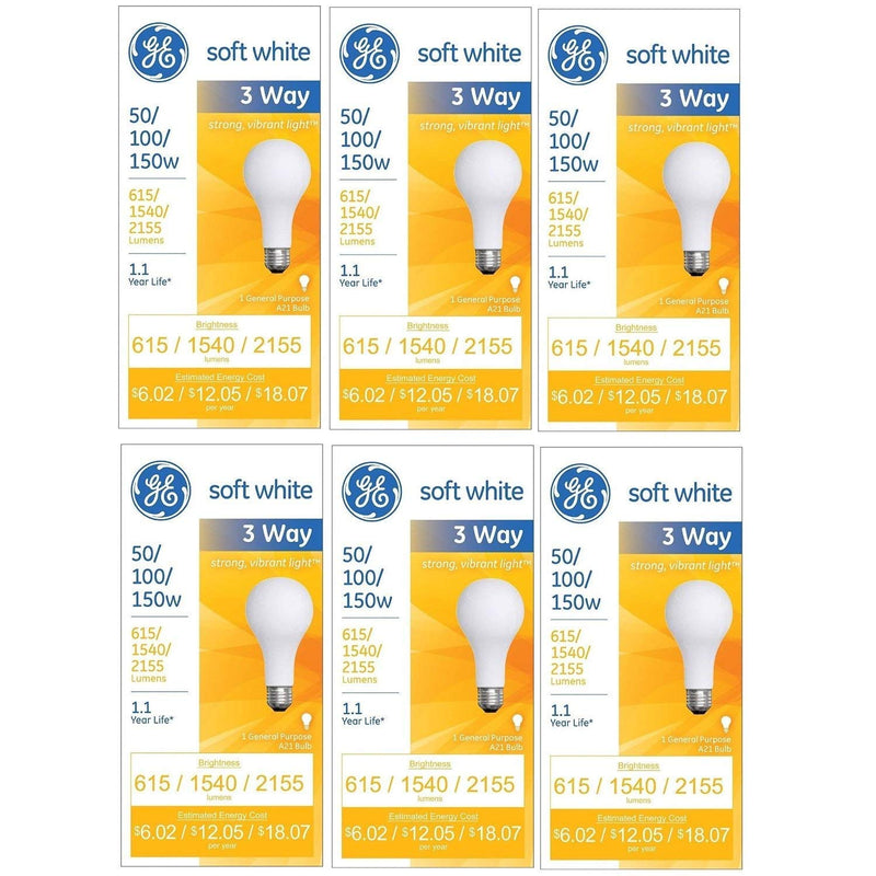 GE 97494 50/100/150 Watt 3-Way Light Bulb with Medium Base, 6 Count (Pack of 1), Soft