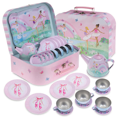 15 Piece Girls Pretend Toy Tin Tea Set Carrying Case Ballea