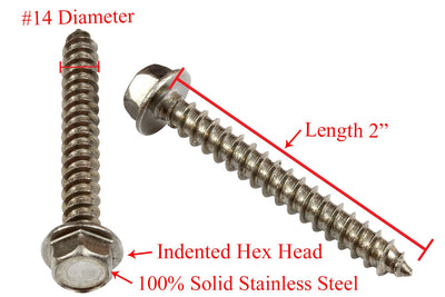 14 X 2" Stainless Indented Hex Washer Head Screw, (25 pc), 18-8 (304) Stainless Steel