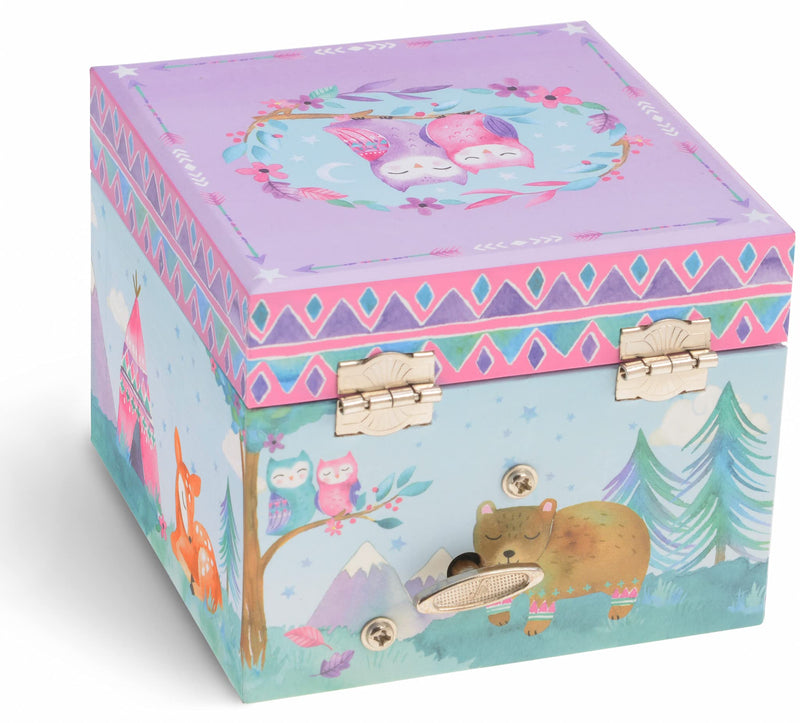 Jewelkeeper Musical Jewelry Box with Spinning Owls, Woodland Design with Pullout Drawer