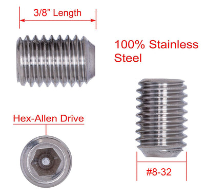 8-32 X 3/8" Stainless Set Screw with Hex Allen Head Drive and Oval Point (100 pc), 18-8