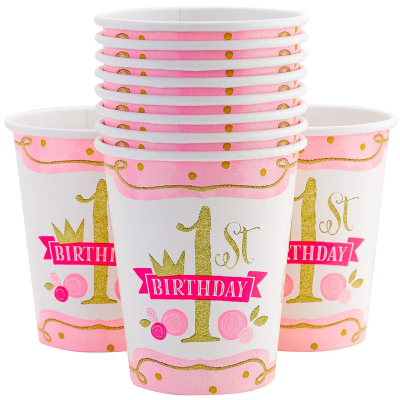 Kicko Paper Cups for First Birthday - 32 Pack, Pink and Gold - 9 Ounces - Disposable