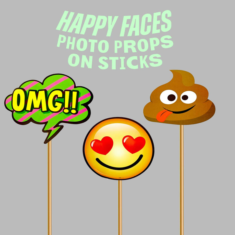 Kicko Happy Faces Photo Props on Sticks - 16 Pack - Multiple Sizes - for Kids, Party