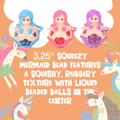 Kicko Squeezy Mermaid Bead - Pack of 6, 3.25 Inch Squishy and Squeezable Beaded Mermaid