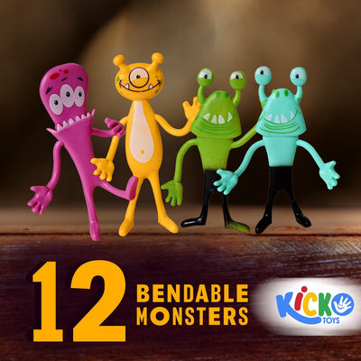 Kicko Bendable Monsters - 12 Pack of 4 Inch Rubbery, Friendly Creatures - Stress Reliever