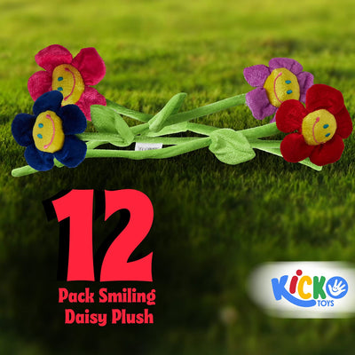 Kicko Smiling Daisy Plush - 12 Pack - 13 Inch Assorted Colors Sunflower Long Bendable Stem