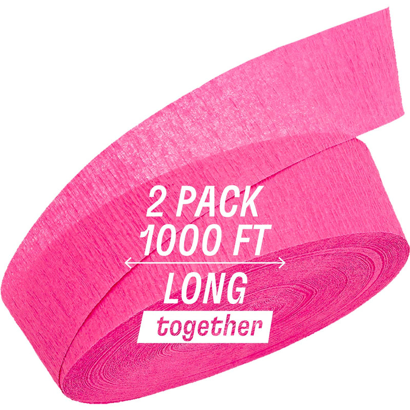 Kicko Hot Pink Crepe Streamers - 2 Pack, 1000 Feet x 1.75 Inches - for Kids, Baby Showers