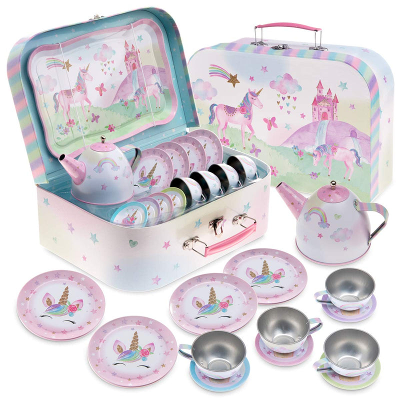 15 Piece Girls Pretend Toy Tin Tea Set Carrying Case Ballea