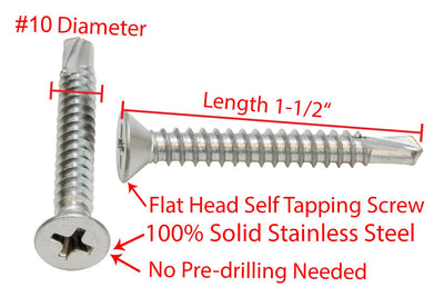 10 X 1-1/2'' Stainless Flat Head Phillips Self Drilling Screw, (25 pc), 18-8 (304