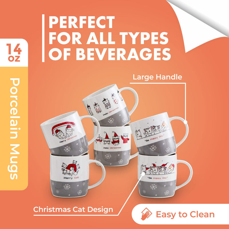 Christmas Coffee Mug Set Set of 6 Large-sized 14 Ounce Valentine Day Gifts Cats Theme