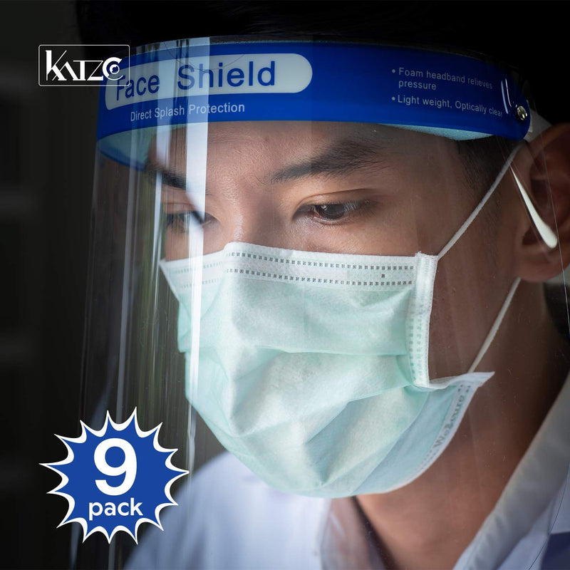 Katzco Reusable Face Shields - 9 Pack - Clear Full Face Visor Mask with Removable