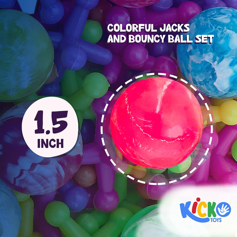 Kicko Large Neon Jacks Set - Pack of 12, 1.5 Inch Colorful Jacks and Bouncy Ball Set