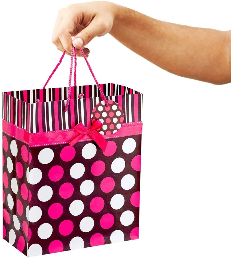 Large Pink Polka Dot Gift Bags With Bows - 3 Pack - 13 Inches - For Party Favors