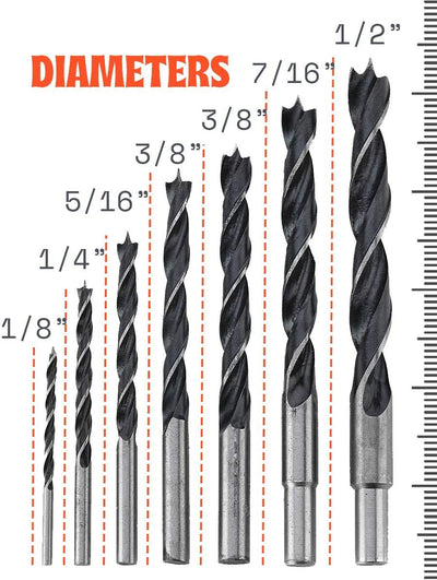 Katzco Brad Point Drill Bit Set - 7 Pieces - 1/8 to 1/2 Inch Diameters - for Bench, Hand