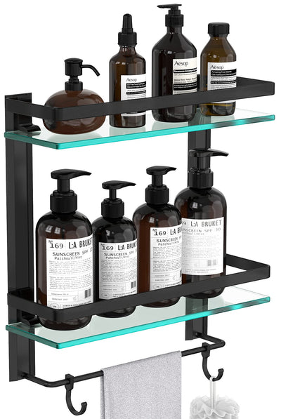 Tempered Glass Bathroom Shelf, 2 Tier Shelf With Towel Bar Wall Mounted Shower Storage