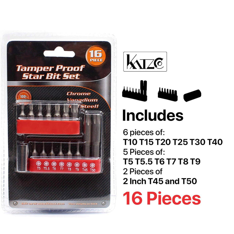 Katzco 6 Point Torx Star Bit Set  16 Pieces Assorted Tamper Proof Star Bits