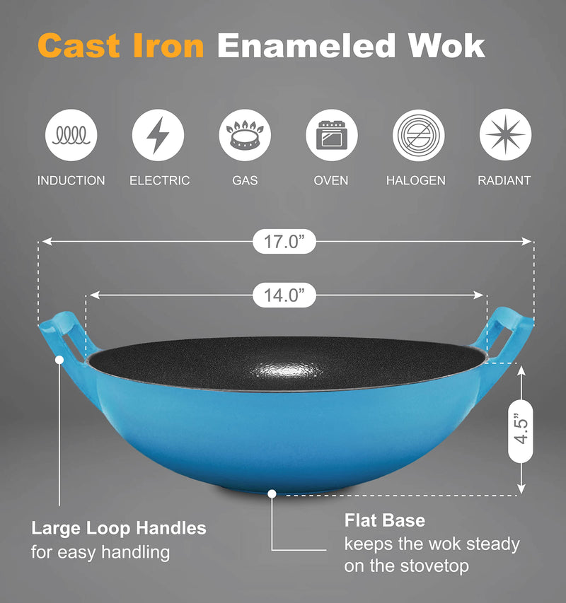 Pre-Seasoned Cast Iron Wok, Black, 14-Inch W/ Large Loop Handles & Flat Base