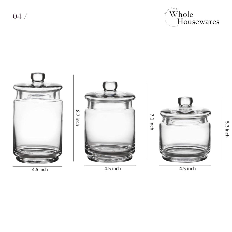 Clear Glass Apothecary Jars-Cotton Jar-Bathroom Storage Organizer Canisters Set Of 3