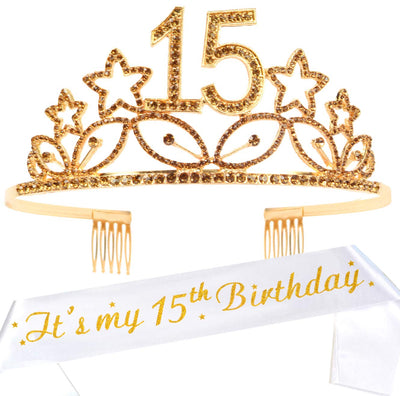 15th Birthday Gifts for Girl, 15th Birthday Tiara and Sash Gold, HAPPY 15th Birthday Party