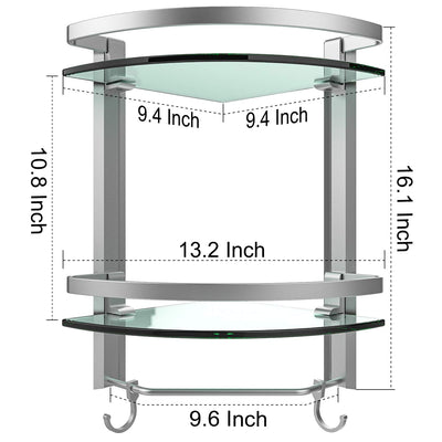 Bathroom Tempered Glass Corner Shelf, 2 Tier Shower Shelve With Towel Bar Wall Mounted