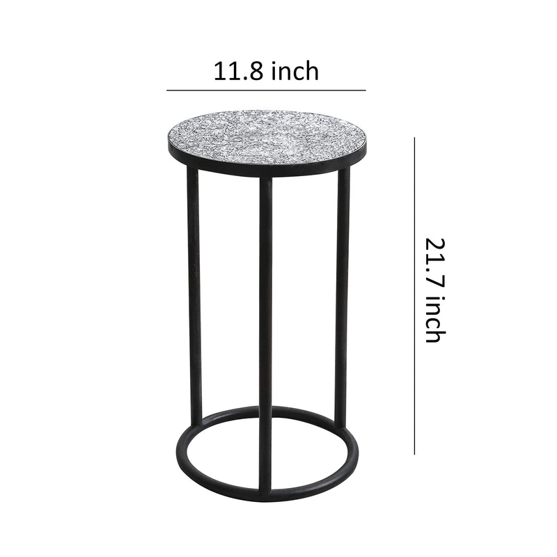 Mosaic Black Metal Round Side Table - Plant Stand - Bistro Table - Glass Top Indoor