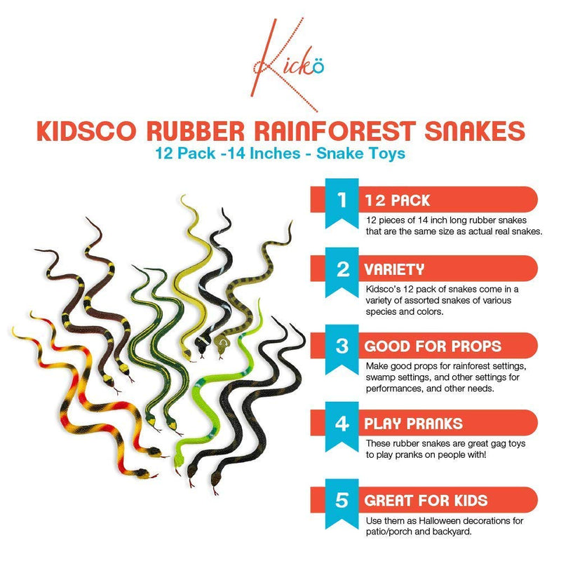 Kicko 14 Inch Assorted Big Rainforest Snakes - 12 Pieces Stretchy Limbless Replica