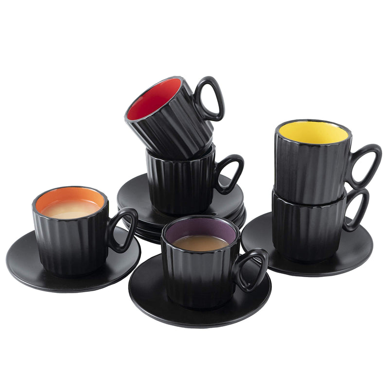 Set of 6 Coffee Mug Sets, 14 Ounce Ceramic Coffee, Ribbed Large-sized Black Coffee Mugs