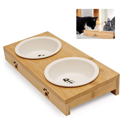 2x Cat Food Bowl For Feeding Station Made Of Bamboo - Ceramic Bowl - Cat Bowl