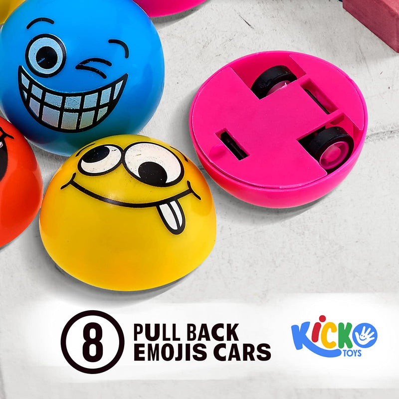 Kicko Pull Back Emojis Cars - 1.5 Inches - Pack of 8 Assorted Cool Emoticons and Colors