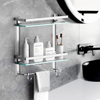 Geekdigg Bathroom Glass Shelf With Towel Bar, 2 Tier Wall Mounted Tempered Glass Shower