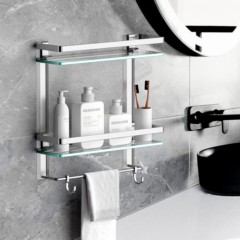 Geekdigg Bathroom Glass Shelf With Towel Bar, 2 Tier Wall Mounted Tempered Glass Shower