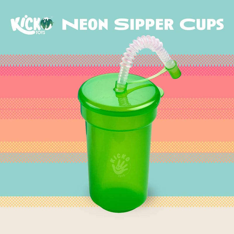 Kicko Neon Sipper Cups - 5.5 Inch - 12 Oz. - Colorful Neon Cups With Lids And Straws