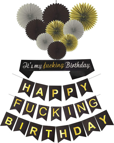 Birthday Decoration Supplies, Black and Gold Happy Birthday Bunting Banner | Its My Fing