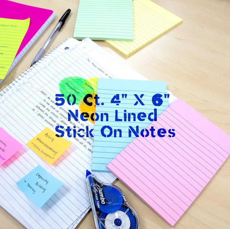 Stick On Lined Notes - 8 Packs Sticky Notepads, 400 Sheets - 4 X 6 Inch