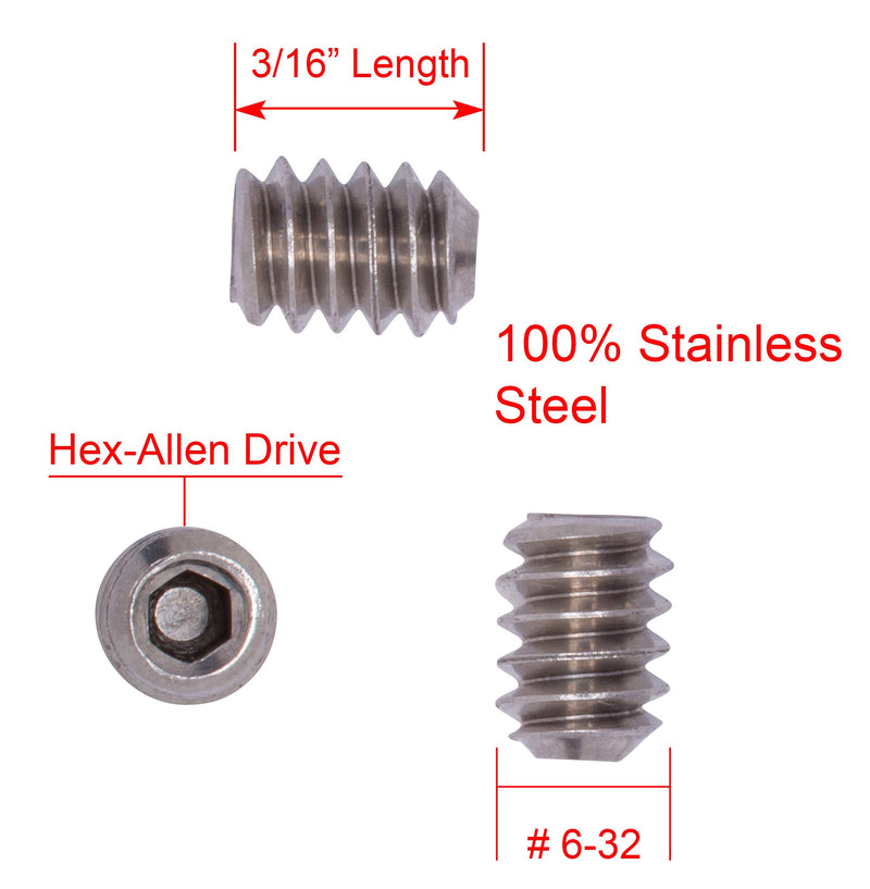 6-32 X 3/16" Stainless Set Screw with Hex Allen Head Drive and Oval Point (100 pc), 18-8